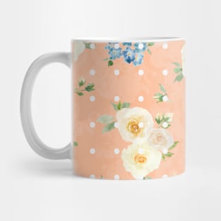 White Roses Blue Forget Me Nots Polka Dots on Peach Fuzz Abstract Floral Mug